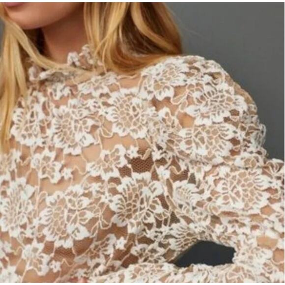 ANTHROPOLOGIE DOLAN Sheer Ivory Lace Puff Sleeve Mock Neck Blouse Top Size M NEW - Picture 3 of 13